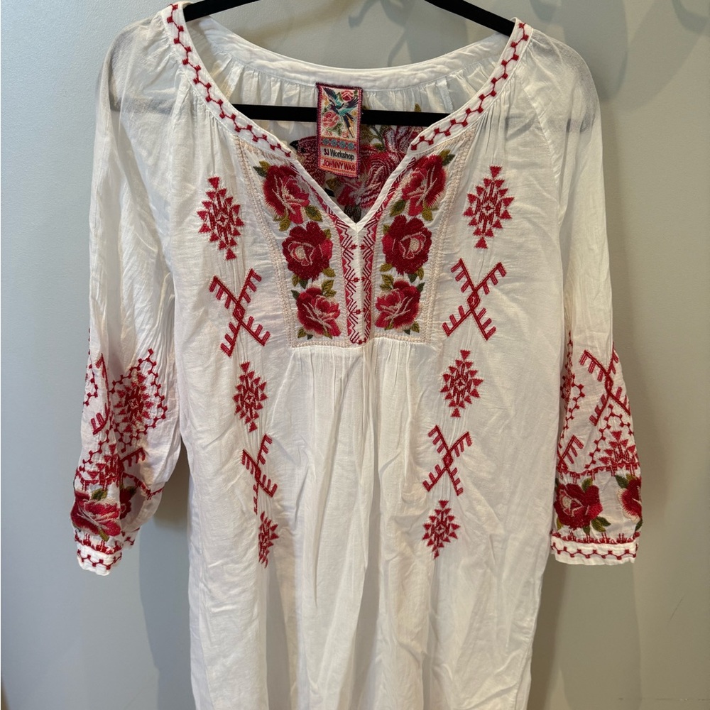 Johnny Was White Dress with Red Embroidery